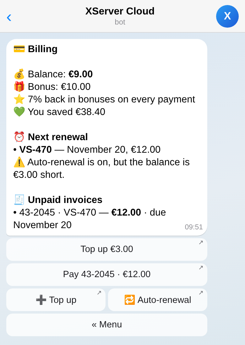 Billing screen: bonuses, savings, an unpaid invoice and a top-up button for the missing amount