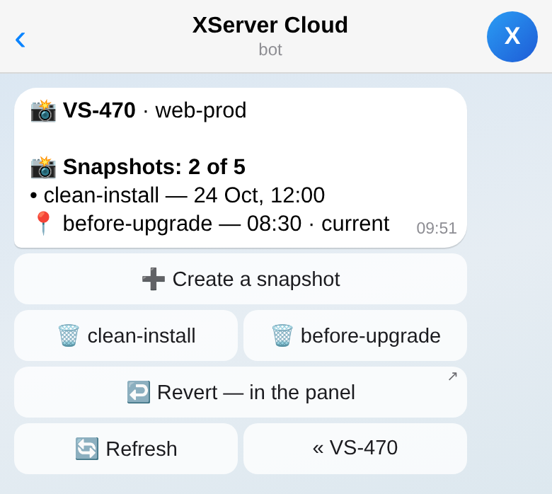 Virtual machine snapshots: create, delete; revert is in the panel