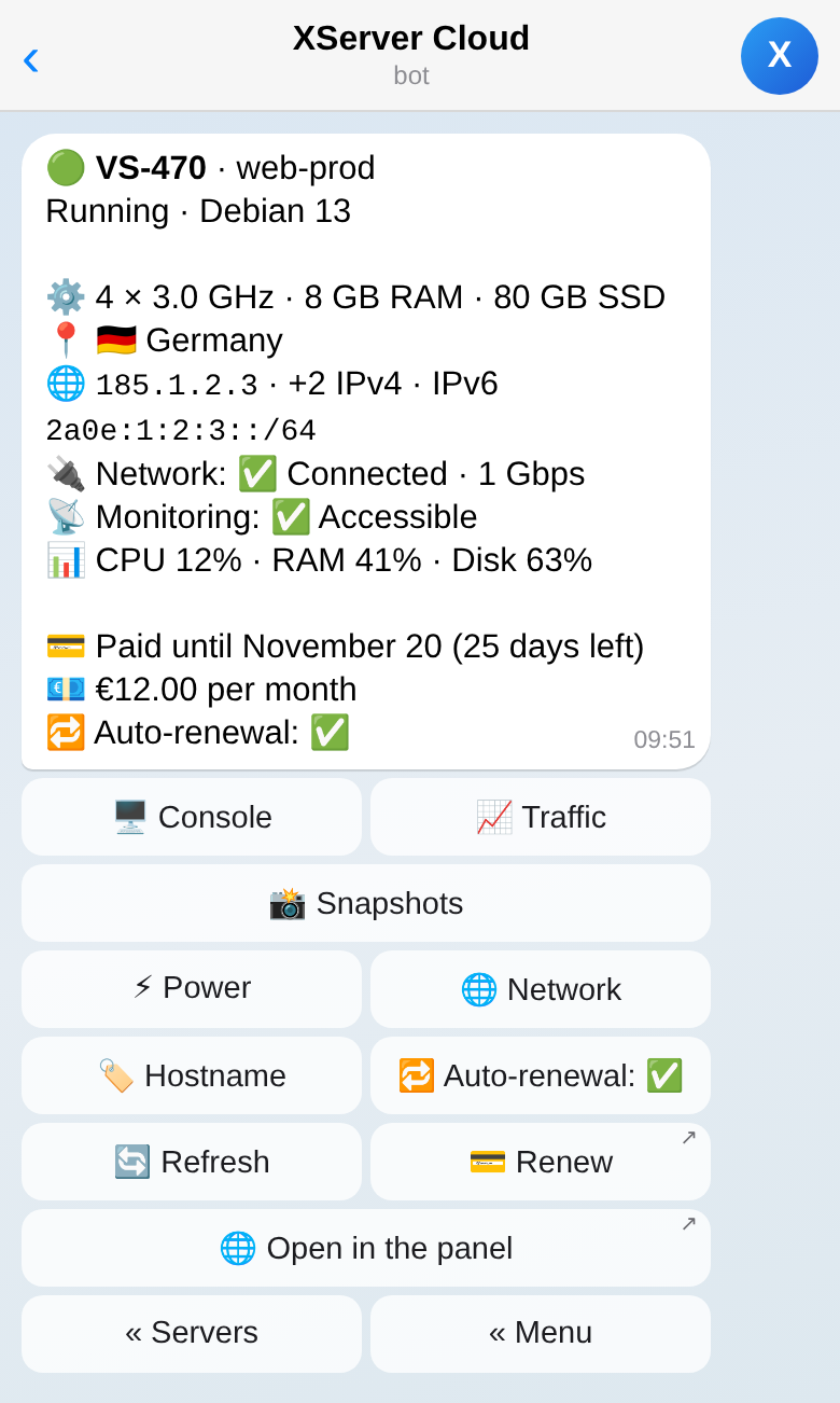 Server card with console, traffic and management buttons