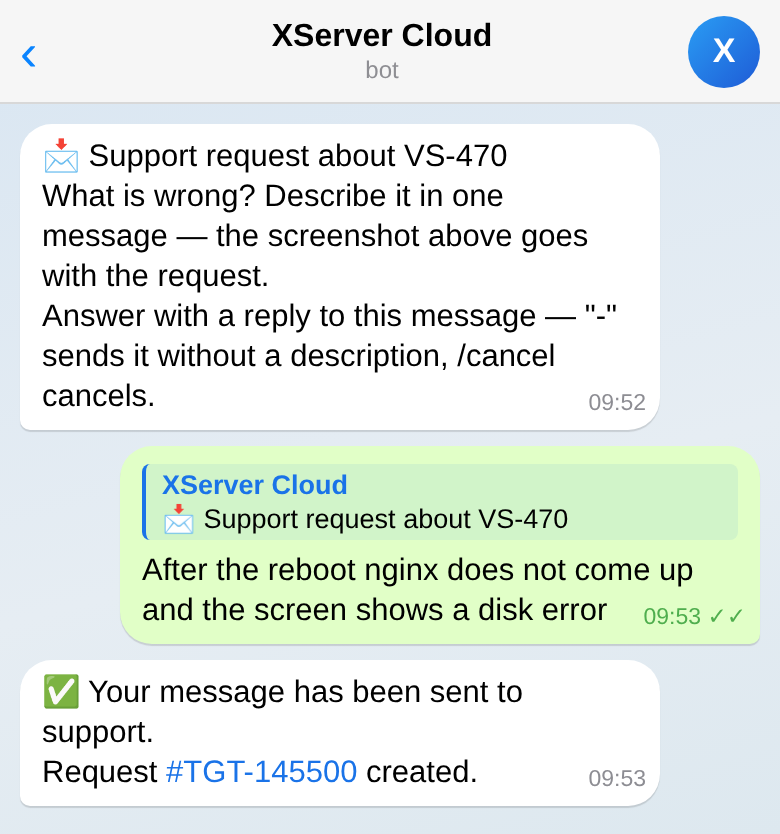 The bot's question, the customer's reply and the created request