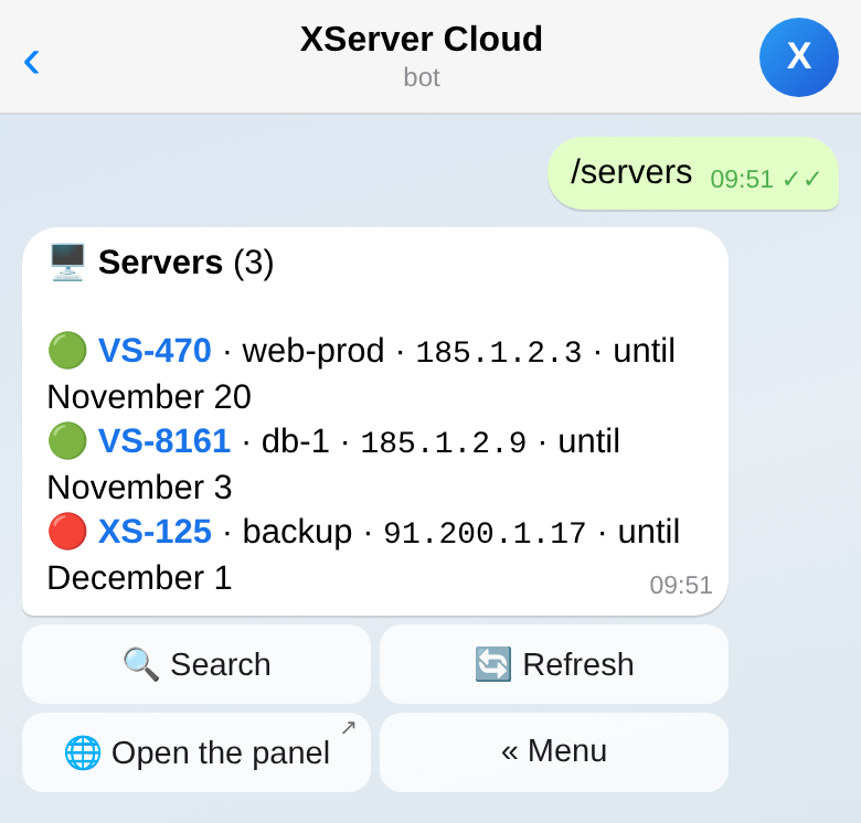 Server list with live power status