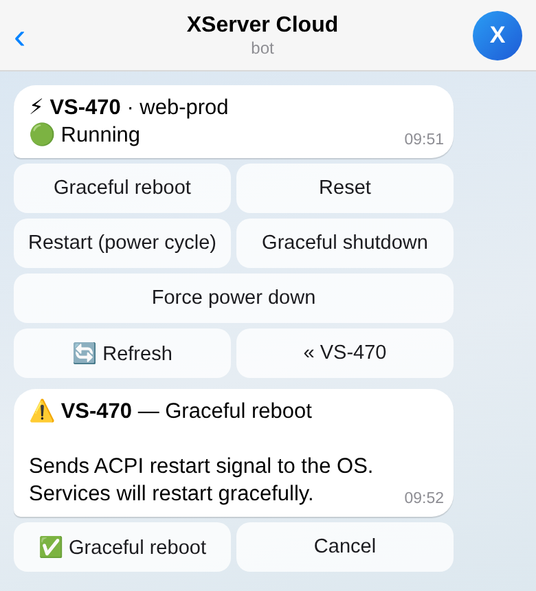 Power screen and a reboot confirmation with a one-time button