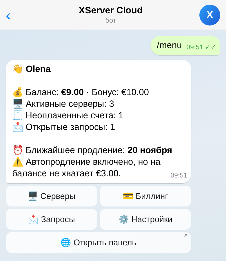 Меню бота: баланс, серверы, запросы и ближайшее продление