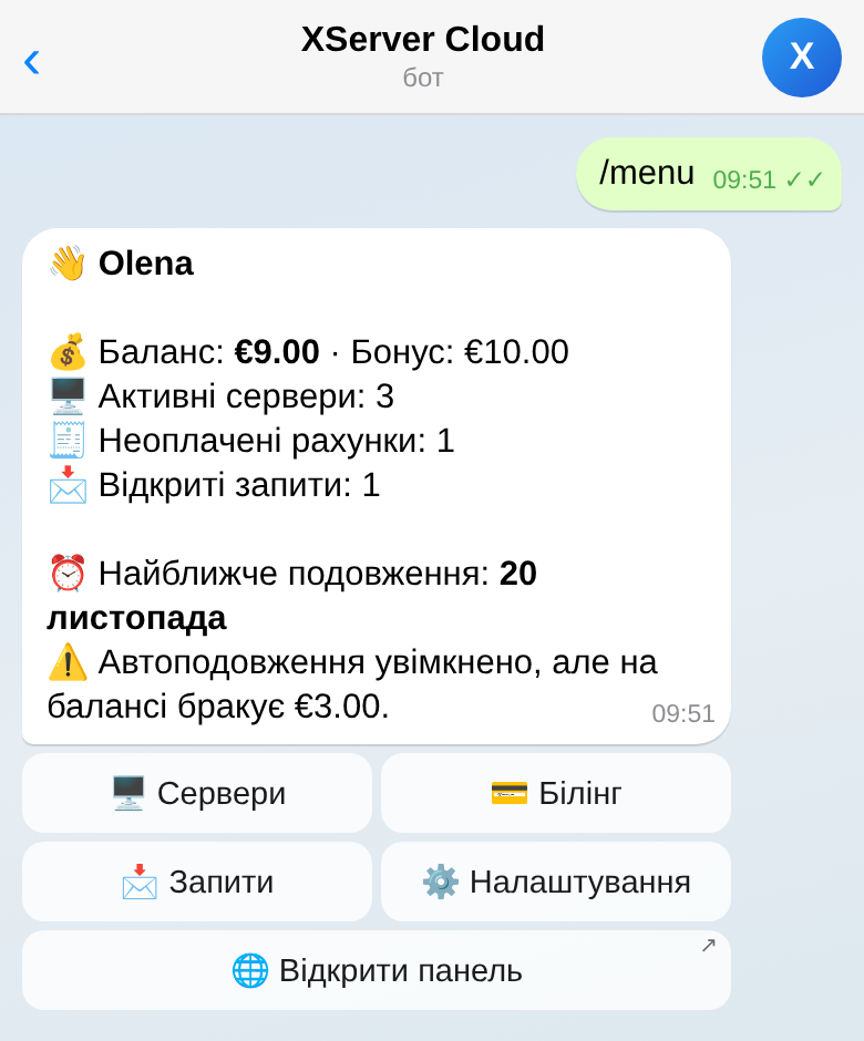 Меню бота: баланс, сервери, запити і найближче подовження